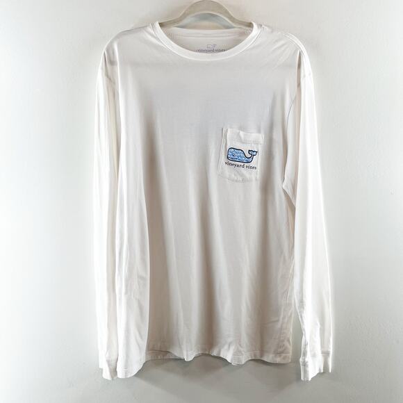 Vineyard Vines Dolphin Fish Whale Pocket Long Sleeve Cotton T-Shirt White Medium - Picture 1 of 9